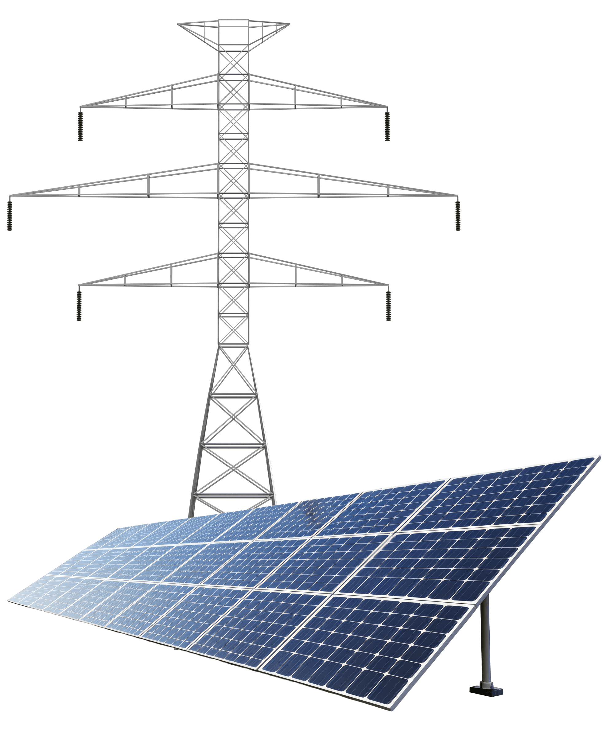 Pylône électrique et champ de panneaux solaires — production d'énergie indépendante